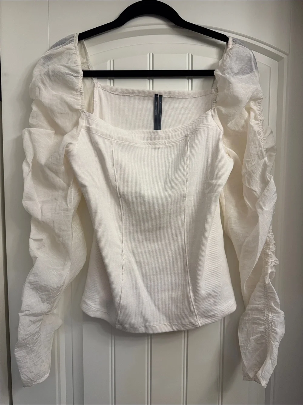Anthropologie White/Light Cream with sheer Puff-Sleeve and Square Neck Blouse